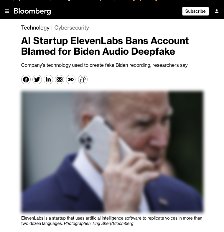 Bloomberg Elevenlabs Bans Biden Deepfake Account