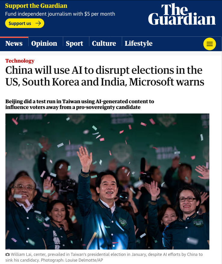 Guardian China Ai Disrupt Elections Microsoft Warns