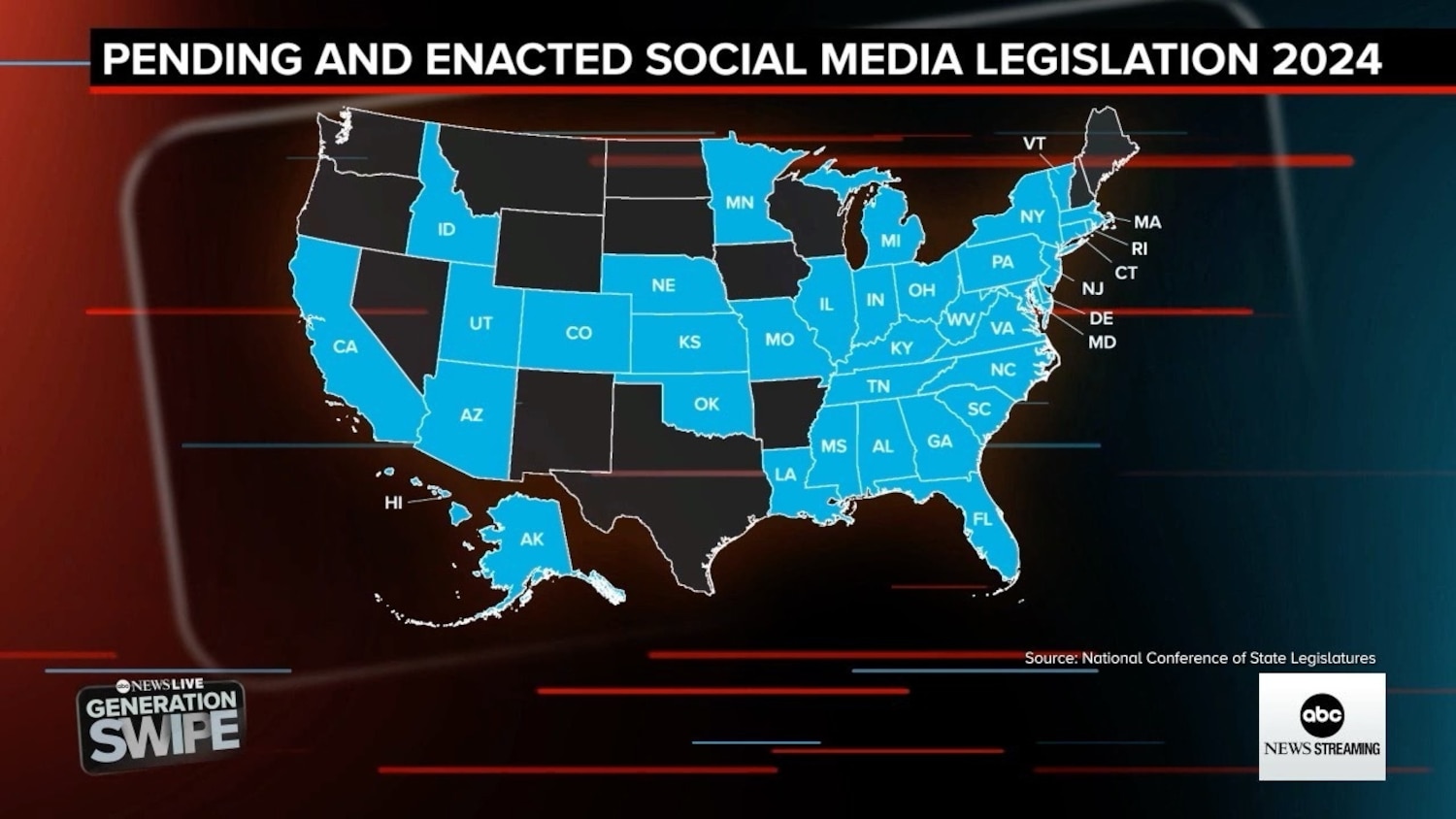 Map showing US states with social media legislation